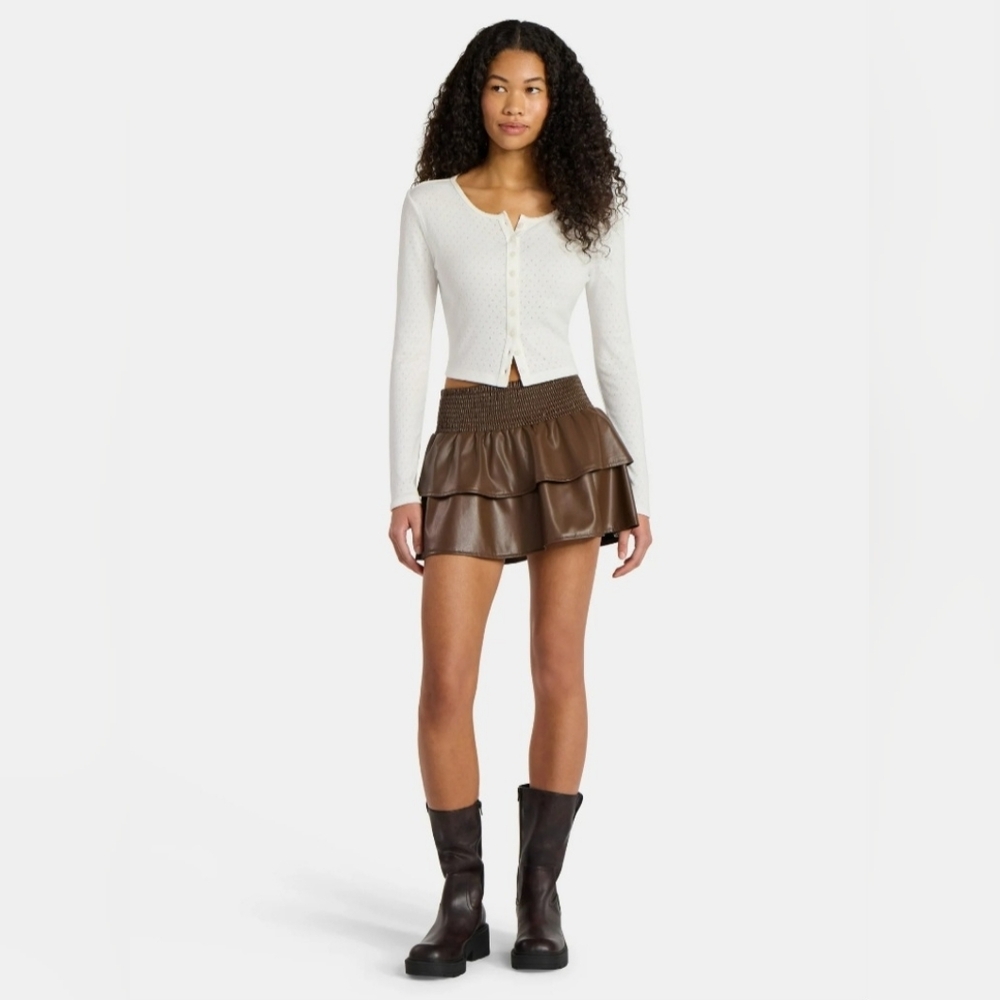 Smocked Brown Tiered Faux Leather Skirt